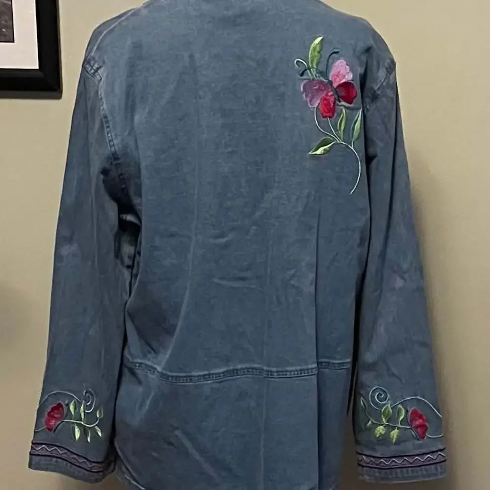 Denim Chore Jacket Teacher Chic Embroidery Jean Sz.L Cottage core - Picture 2 of 8